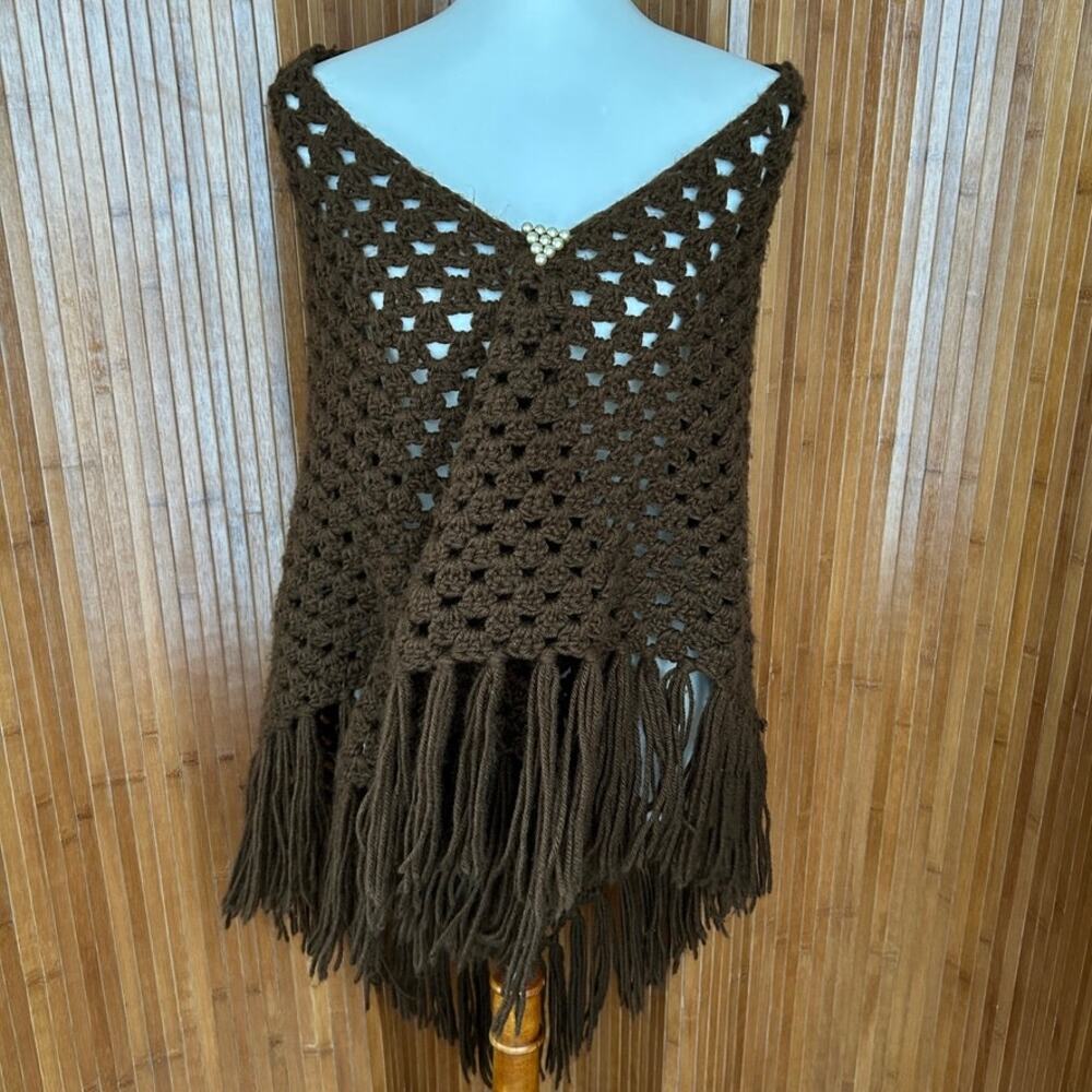 Vintage 70s Espresso Brown Crochet Triangle Shawl Fringe Boho Poncho Wrap